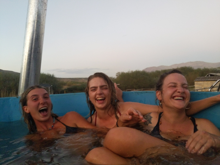 Being silly in the wood fired hot tub